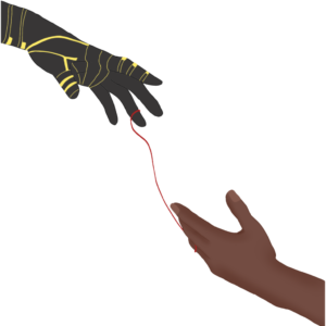 Sam and Bucky's hands stretched towards one another with a thin red string connecting them.