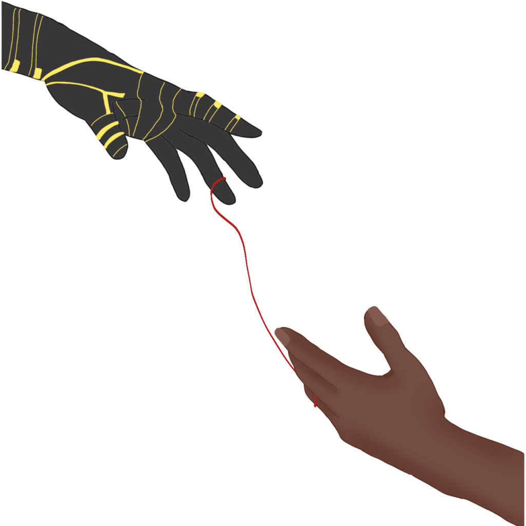 Sam and Bucky's hands stretched towards one another with a thin red string connecting them.